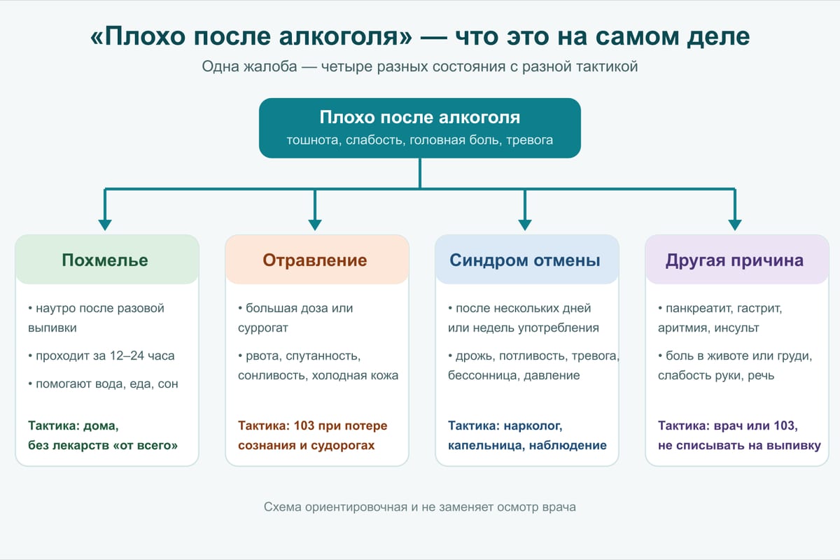 Схема: «плохо после алкоголя» — четыре разных состояния с разной тактикой. Похмелье — после разовой выпивки, проходит за 12–24 часа, дома вода/еда/сон. Отравление — большая доза или суррогат, рвота и спутанность, 103 при потере сознания. Синдром отмены — после недель употребления, дрожь и тревога, нужен врач. Другая причина — панкреатит, инсульт и другое, врач или 103, не списывать на выпивку